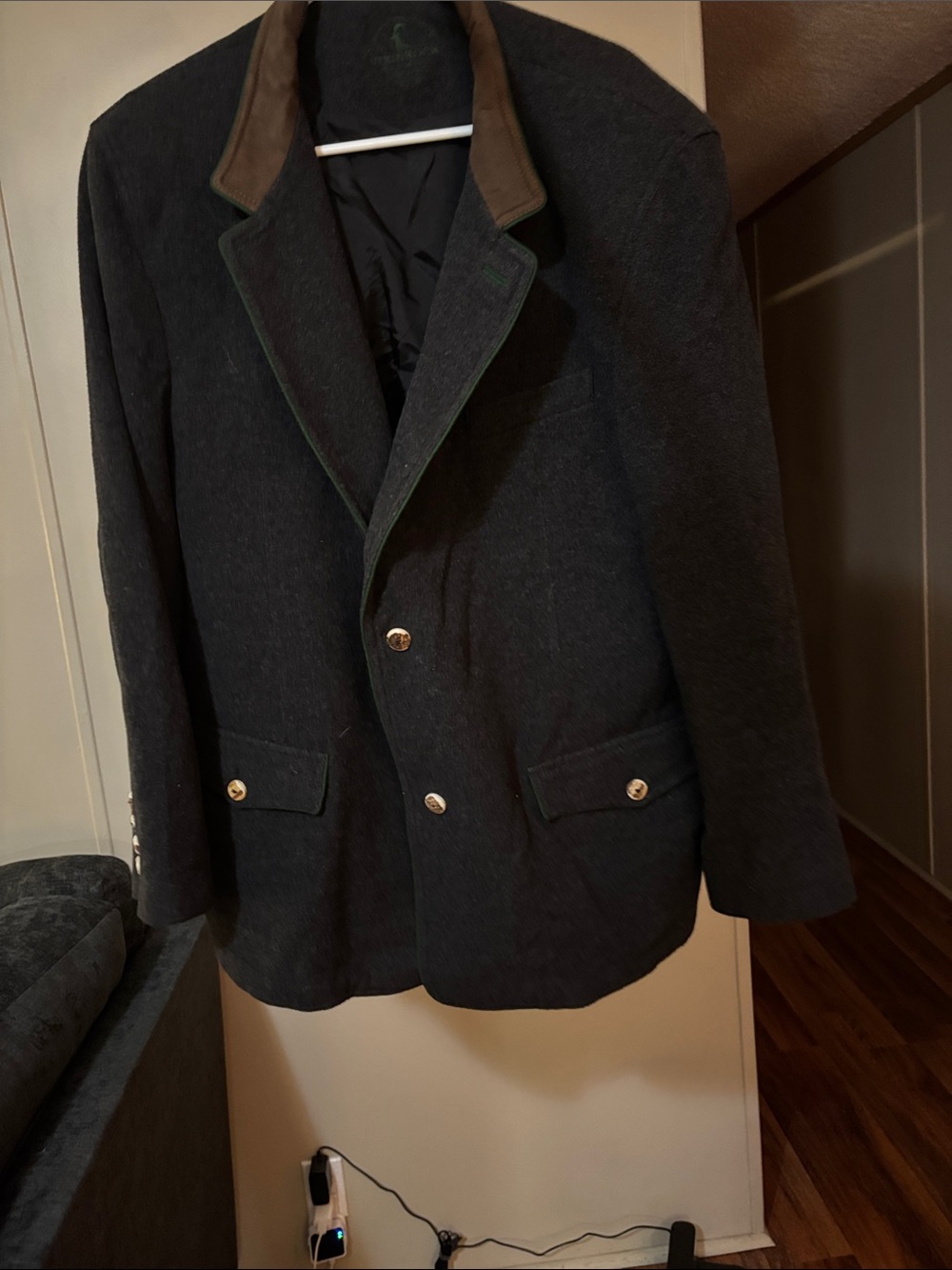 Men's Charcoal Wool Pea Coat with Brown Corduroy Collar